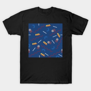 Blue 80s Memphis Geometric Abstract Shapes Postmodern Pattern T-Shirt